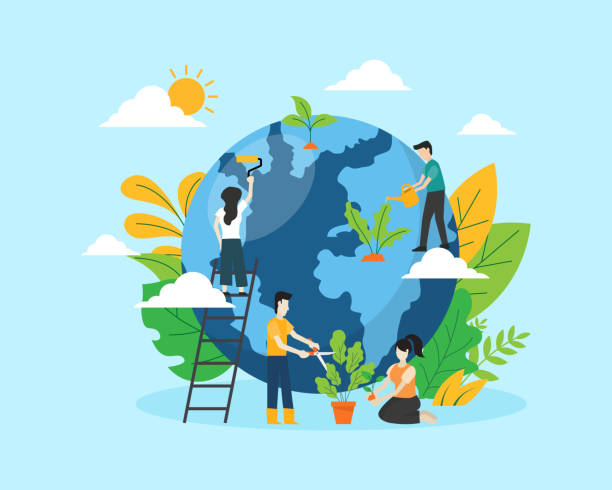 bildbanksillustrationer, clip art samt tecknat material och ikoner med people save the planet globe background. save ecology eco friendly concept. vector illustration in flat style modern design. world environment day. - hållbar livsstil