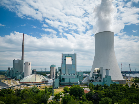 Aerial view of the hard coal-fired power plant „Walsum Unit 10“, located in the city of Duisburg, North Rhine Westphalia. The power station has a capacity of 750 Megawatts, providing electricity, district heating and process steam for industries.