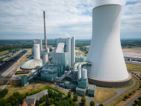 Aerial view of the hard coal-fired power plant „Walsum Unit 10“, located in the city of Duisburg, North Rhine Westphalia. The power station has a capacity of 750 Megawatts, providing electricity, district heating and process steam for industries.