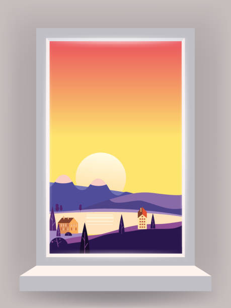 istock Window view interior, minimal landscape, sea, ocean, coastal town,, mountains 1431884408