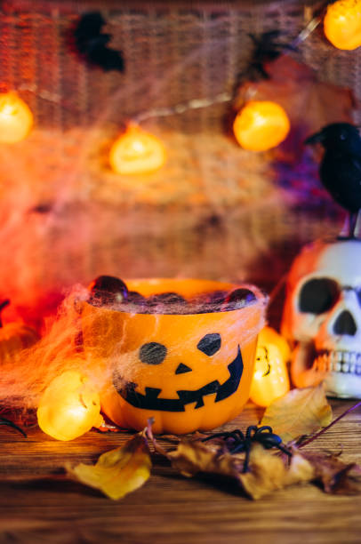 istock Halloween still-life background with a lot of different elements 1431885491
