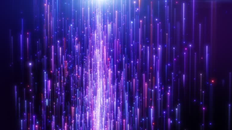 Dynamic glowing line blue purple glow light trail with particles background.