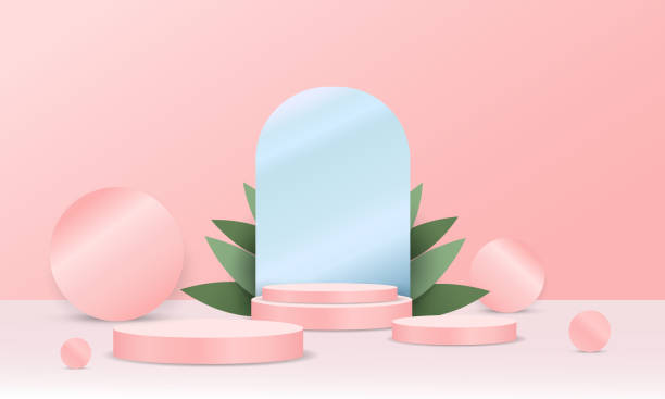 istock 3d background products, pink, with tall round shapes in various sizes for displaying products. The background is a curved blue shape that reflects the shadows to enhance the distinctiveness of the pro 1431885731