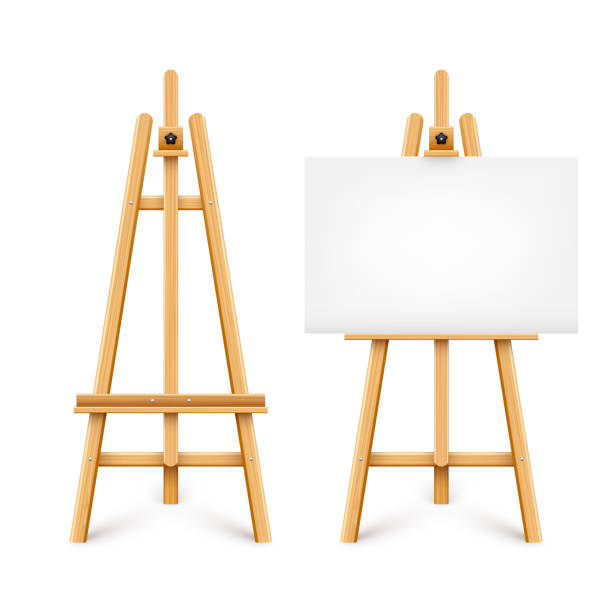 istock Realistic paint desk with blank white canvas. Wooden easel and a sheet of drawing paper. Presentation board on a tripod. Artwork mockup, template. Vector illustration 1431886748