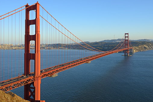 Golden Gate Bridge, suspension bridge spanning Golden Gate, strait connecting San Francisco Bay and Pacific Ocean. San Francisco, California