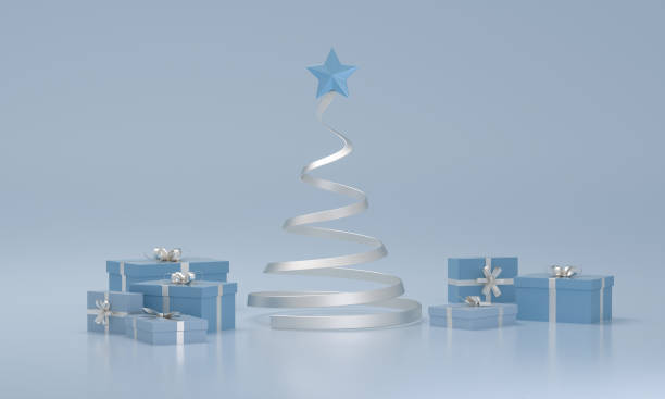 istock Silver christmas tree and gifts box on blue studio background. Merry christmas. 1431891709