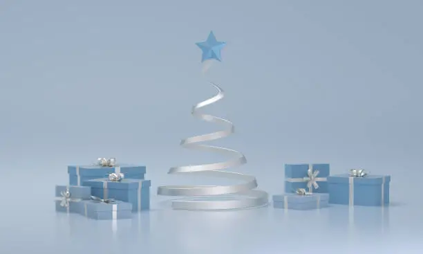 Silver christmas tree and gifts box on blue studio background. Merry christmas. 3D Rendering.