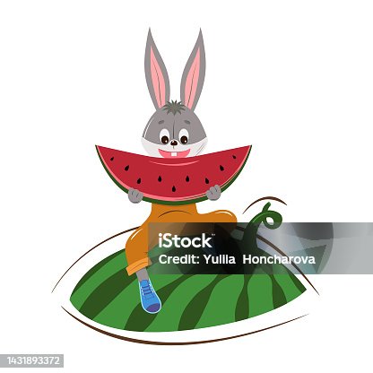 istock Cute bunny eating watermelon sitting on watermelon. 1431893372