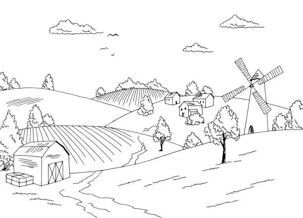 Vector illustration of Farm field graphic black white landscape sketch illustration vector