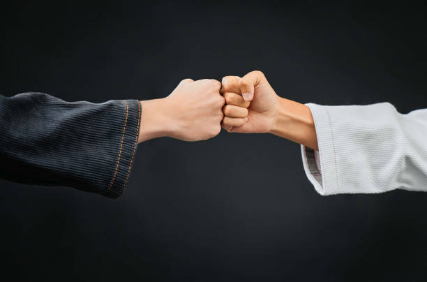 istock Teamwork, respect and discipline with hands fist bumping before a fight, match or mma competition. Closeup of two athletes greeting before combat sport and self defense against a black background 1431897659