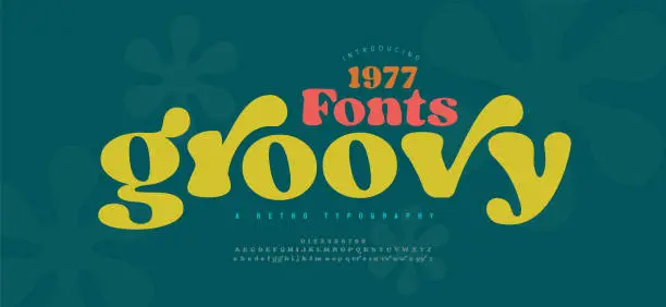 Vector illustration of 70s retro groovy alphabet letters font and number. Typography decorative fonts vintage concept. Inspirational slogan print with hippie symbols for graphic tee t shirt or poster logo sticker. vector illustration