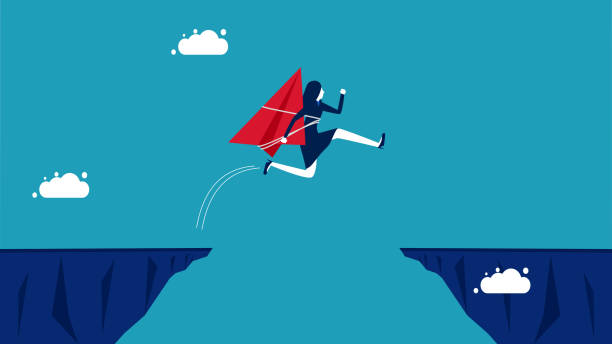ilustraciones, imágenes clip art, dibujos animados e iconos de stock de riesgos y obstáculos de liderazgo. empresaria con un avión de papel salta por encima de la brecha - breaking point