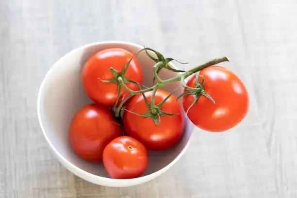 A portrait of a white bowl with five delicious red tomatoes which are still on the vine. The fresh and healthy vegetables have a different size and are ready to be used in the kitchen for cooking