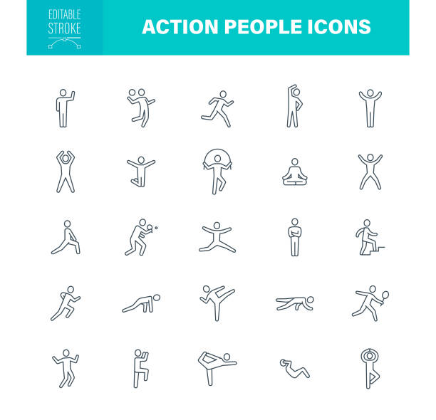Action People Icons Editable Stroke Action People Icon Set. Editable Stroke. Contains such icons as Exercising, Running, Yoga, Stretching, Soccer, Football, Tennis, Healthy Lifestyle. jumping jacks stock illustrations