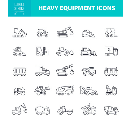 Construction Machinery Icon Set. Editable Stroke. Contains such icons as Tractor, Backhoe, Construction Industry, Forklift, Heavy Equipment