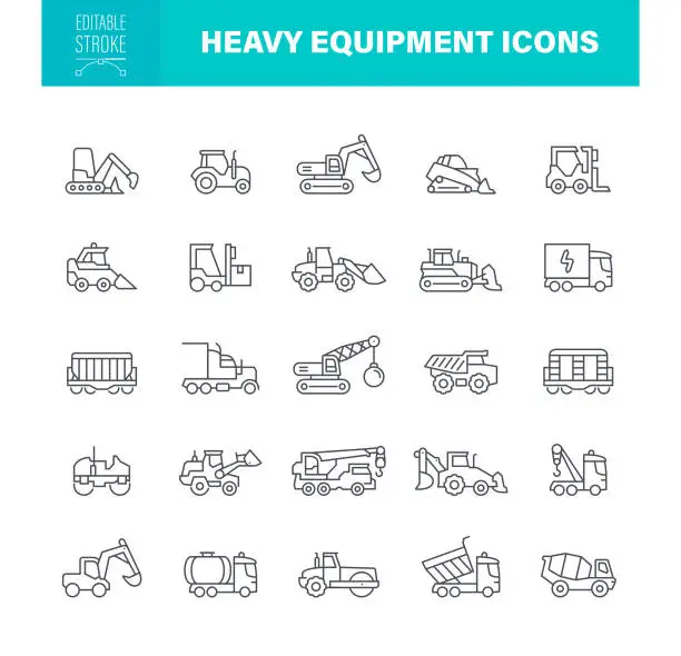 Vector illustration of Heavy Equipment Icons Editable Stroke