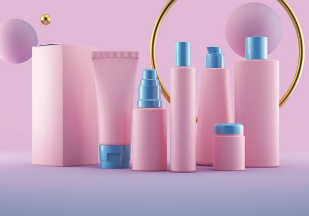 istock Cosmetics template packshot. Pink, blue and gold mockup 1431902635