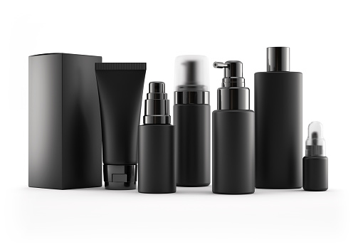 Black package for men skin care products: tube cream, bottle with pump dispenser, spray, oil, lotion, shampoo, gel shower