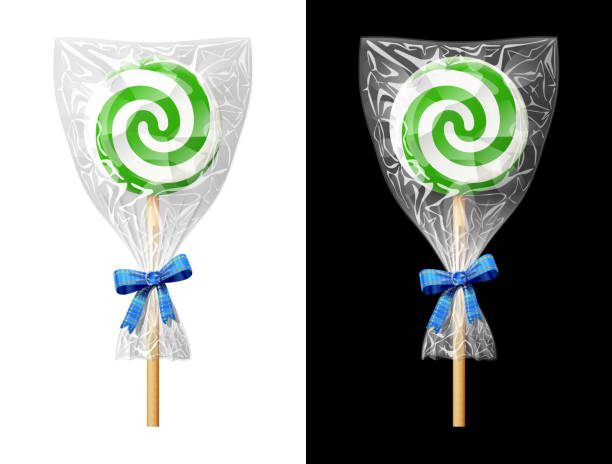Round green candy on stick in plastic wrapper with bow vector art illustration