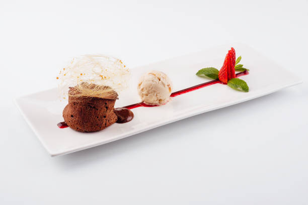 istock chocolate volcano with vanilla ice cream and strawberry 1431909322
