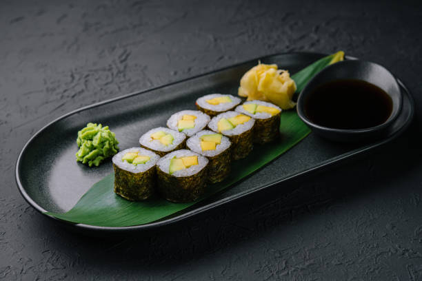 istock Maki sushi roll with avocado on black plate 1431909324