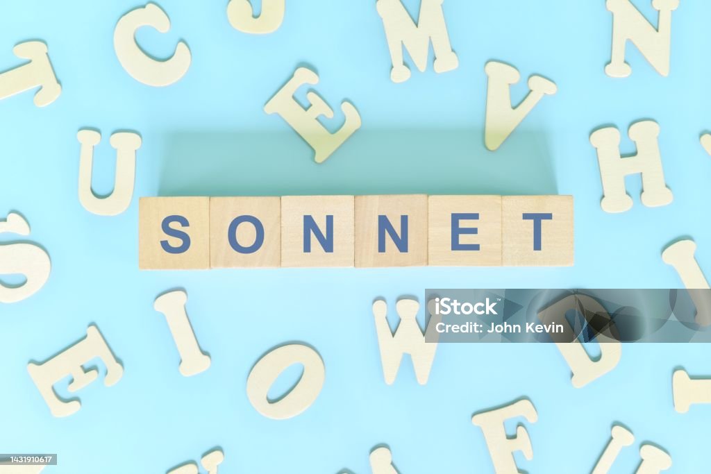 Sonnet poetry narrative form in english literature concept. Wooden blocks typography word flat lay in blue background. Backgrounds Stock Photo