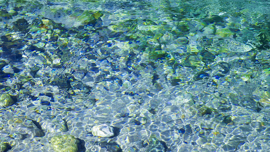 Blue-green  rippled water surface of a fountain pool. Background. Horizontal orientation.