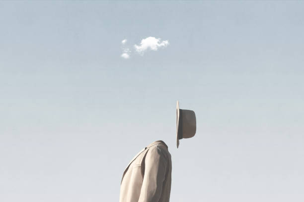 Illustration of surreal man looking small cloud in the sky, abstract concept vector art illustration