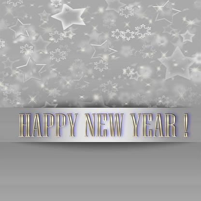 Happy New Year silver background with snowflakes and star shapes.