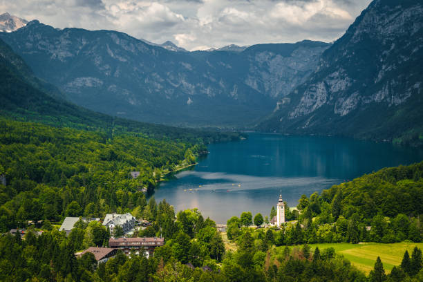 great view with lake bohinj and green forest, slovenia - lake bohinj imagens e fotografias de stock