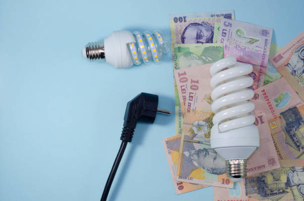 istock Light bulb, romanian ron banknotes and black power plug over blue background. Concept of increasing the electricity costs due to power crisis and inflation. Rising energy costs. 1431918573