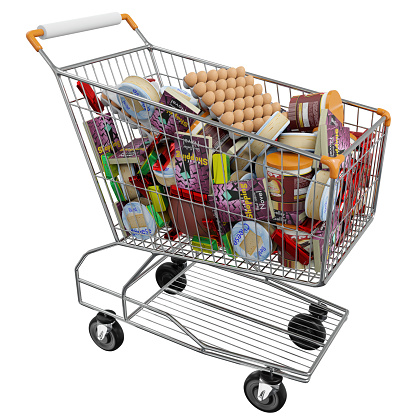 Supermarket aisle with empty shopping cart business concept
