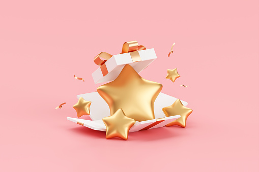 Open gift box five star service rating icon isolated on best quality 3d background surprise promotion package present symbol or sale discount prize sign and celebration shop delivery shopping award.