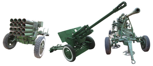 istock Three military russian cannon gun for invazion over white background 1431920859