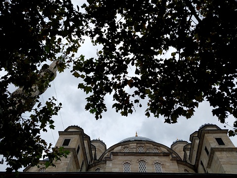 Istanbul Eminonu historical mosque and the sky and mosque view through the wonderful trees