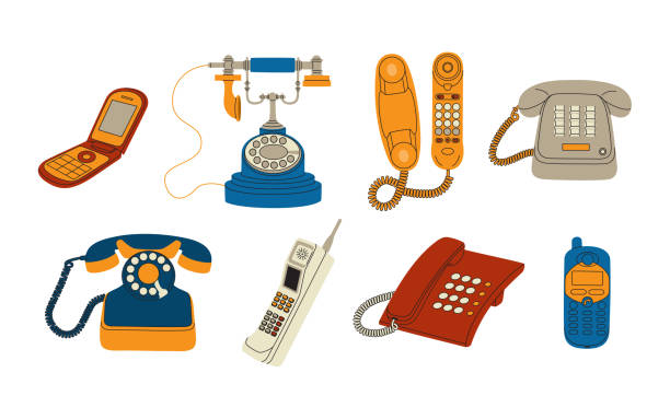 ilustraciones, imágenes clip art, dibujos animados e iconos de stock de juego de teléfonos retro. - cordless phone telephone landline phone telephone receiver