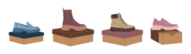 ilustrações de stock, clip art, desenhos animados e ícones de set of boxes with female shoes and boots. - shoe store shoe shopping retail