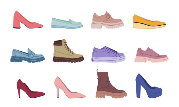 ilustrações de stock, clip art, desenhos animados e ícones de set of different stylish female shoes and boots. - shoe store shoe shopping retail