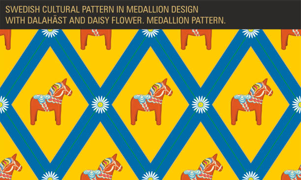 Swedish cultural symbol, the Dalahäst (Dala horse in English). Seamless pattern on yellow and blue, Swedish colors of flag. Vector illustration. Seamless pattern with a Dalahäst (Dala horse in english) in seamless pattern. Colors of Swedens flag (correct CMYK) pattern behind the Dala häst. The horse could be in several personal design and the orginally horse often made in wood by carpenters. Its often used also together with celebration of Midsommar, Midsommarafton, (means Midsummer in English). swedish summer stock illustrations