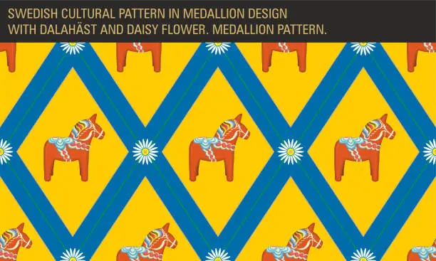 Vector illustration of Swedish cultural symbol, the Dalahäst (Dala horse in English). Seamless pattern on yellow and blue, Swedish colors of flag. Vector illustration.
