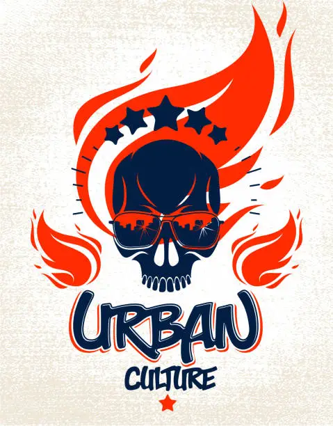 Vector illustration of Urban culture style skull in sunglasses vector logo or emblem, gangster or thug illustration, anarchy chaos hooligan, ghetto theme.