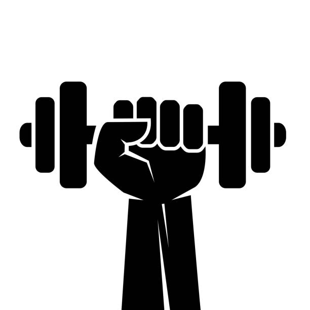 Raised hand with dumbbell, fitness sport symbol Raised hand with dumbbell, fitness vector icon isolated on white background workout logo stock illustrations