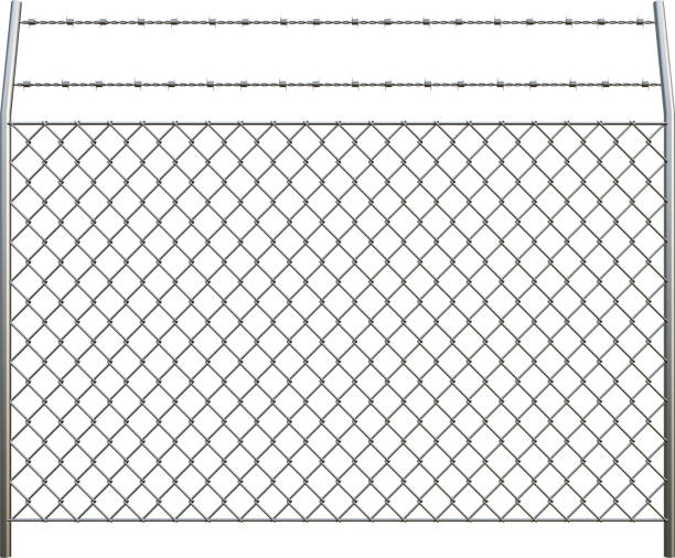 istock Metal chain link fences and Barbed Wire on white background with clipping path 1431928131