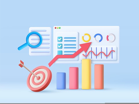 3D Financial report chart, SEO Optimization, web analytics and seo marketing concept. 3d rendering. Vector illustration