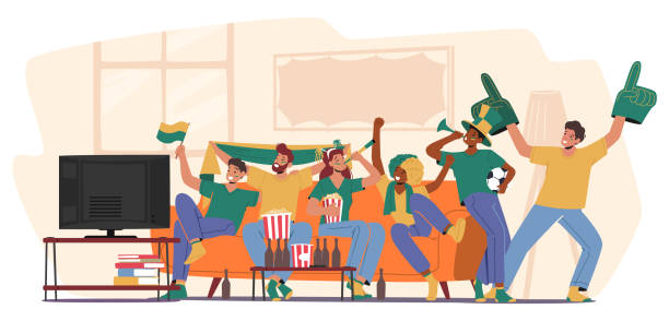 Group Of Happy Fans Cheering For Their Team Victory And Success. Male And Female Characters With Funny Attribution Group of Happy Fans Cheering for their Team Victory and Success. Male and Female Characters with Funny Attribution and Uniform Sitting on Couch front of Tv set. Cartoon People Vector Illustration men watching soccer game stock illustrations