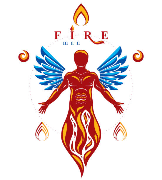 istock Vector graphic illustration of muscular human being created with bird wings. Human as the element of fire to support business spirit and corporate idea. 1431930524