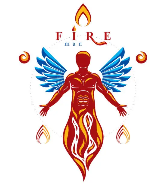Vector illustration of Vector graphic illustration of muscular human being created with bird wings. Human as the element of fire to support business spirit and corporate idea.