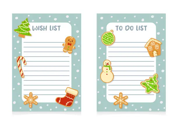 Vector illustration of Winter party organizator. Winter holidays theme. Christmas or New year preparing. Wish and to do list. Christmas gingerbread cookies.