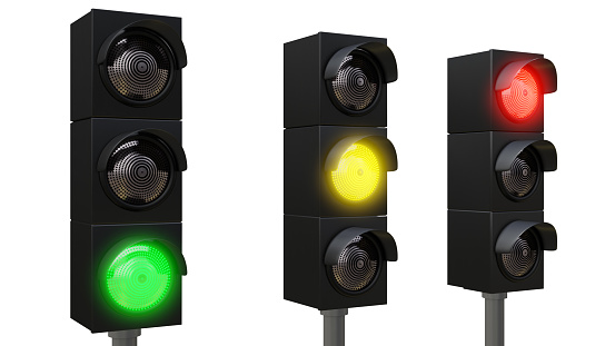 Traffic Lights Red Green and Yellow Perspective view on a white background with clipping path. 8K