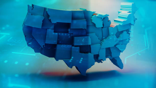 istock Map of USA with states on blue digital background 1431931573
